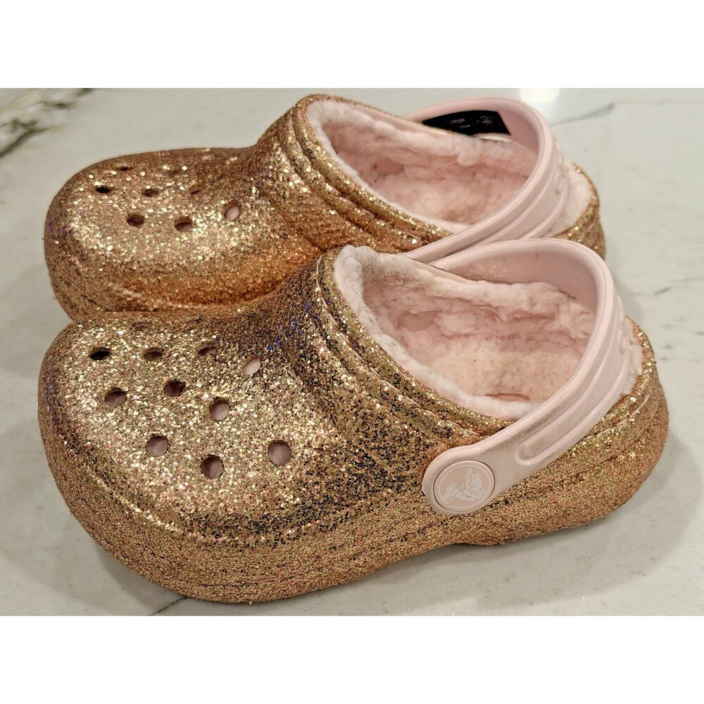 CROCS Classic GLITTER Sparkle Lined CLOG Gold Metallic & Pink Toddler sz 8C